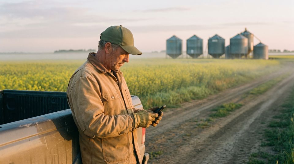 Farmer checking the morning forecast on a phone at the truck, canola field and grain bins behind